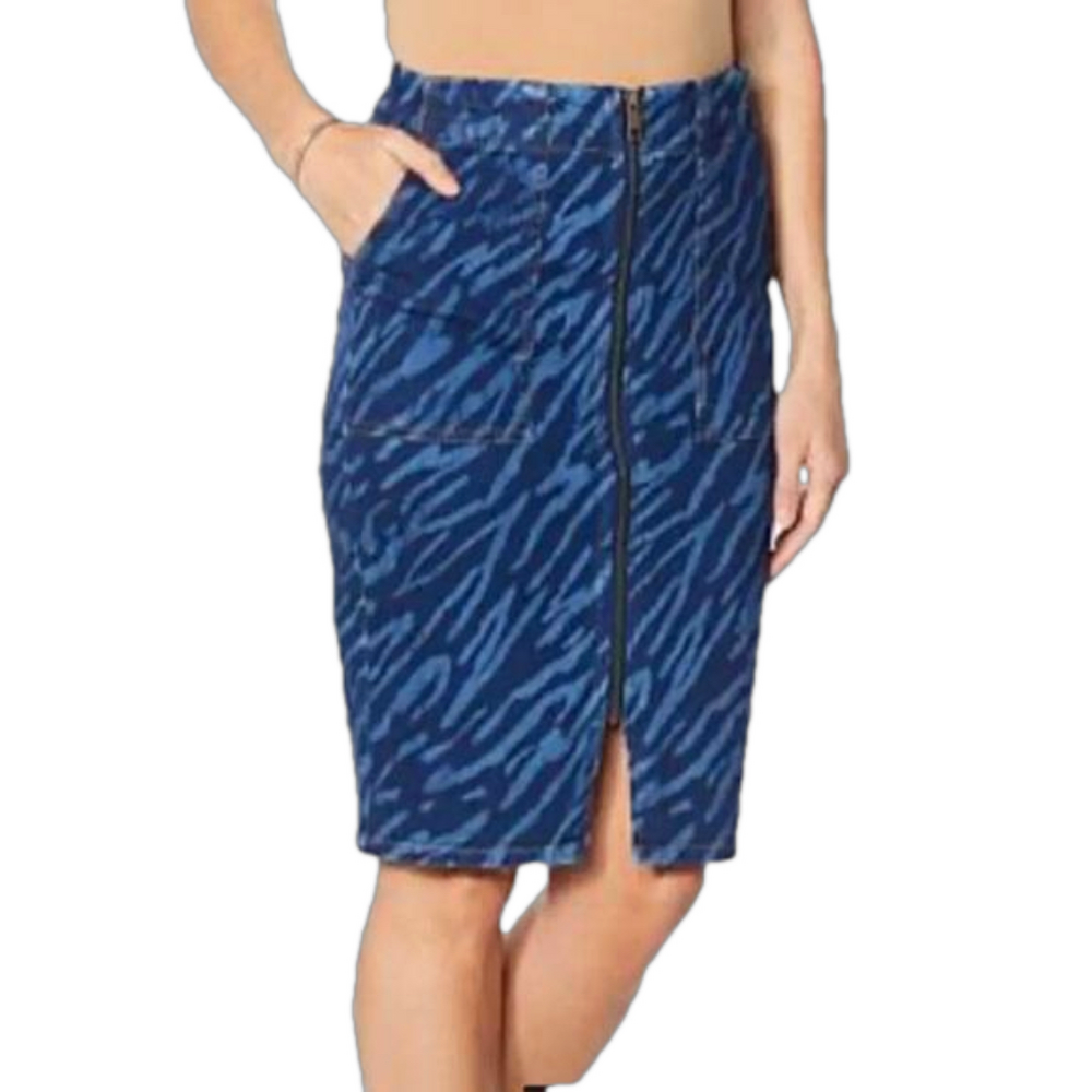 G by GIULIANA Zip Front Blue Tiger Stripe Denim Pencil Skirt Size 6 NWOT
